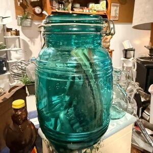 Large Teal Glass Jar w/ vintage kitchen utensils